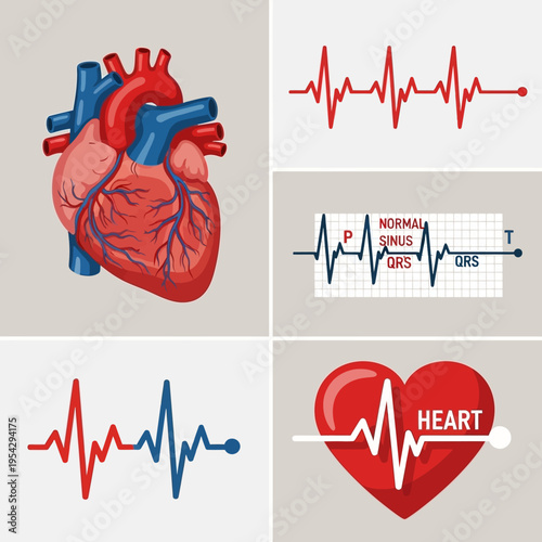Human Heart Anatomy and Electrocardiogram ECG Waveforms Set.