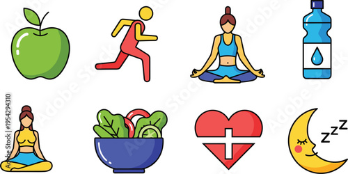 Healthy Lifestyle Icons Set with Yoga Meditation Running Fresh Food Water Sleep and Heart Health Vector Illustration for Wellness Fitness and Self Care Design