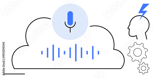 Artificial intelligence, voice recognition, cloud computing, audio processing, system automation, machine learning. Cloud with audio wave and microphone. Voice recognition and cloud computing concept