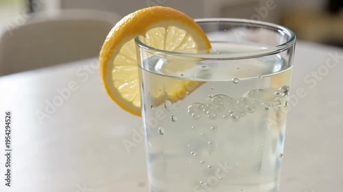 Glass of water with lemon slice.