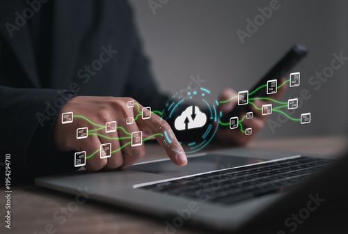 Photography Cloud data synchronization and transfer concept with digital file flow between devices, representing secure data exchange, backup process, and network connectivity