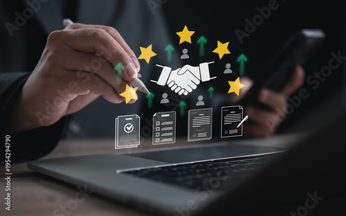 Business partnership and agreement concept with handshake, documents, and performance indicators, representing trust building, contract approval, collaboration, and professional relationship managemen