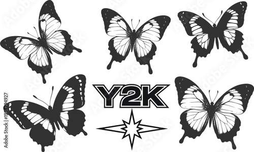 Black silhouette butterflies and y2 k text with starburst butterfly insect animal white