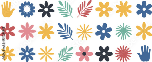 Collection of colorful stylized flowers leaves and hand on white background floral leaf plant