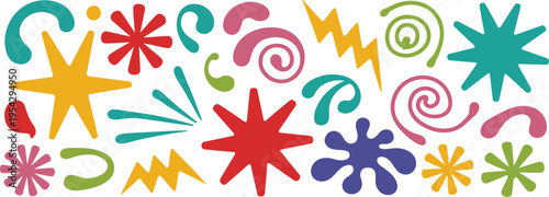 Colorful abstract shapes and starbursts on white background pattern