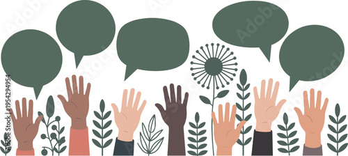 Diverse hands raised with speech bubbles and botanical community communication