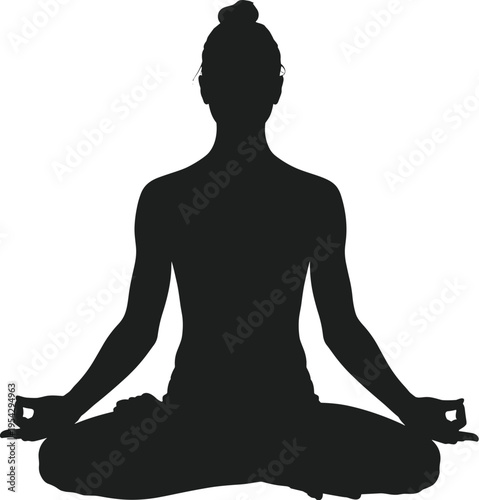 Silhouette of a woman meditating in a lotus pose with hands in gyan mudra meditation yoga