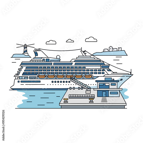 Large cruise ship docked at a pier with a lighthouse in the background.