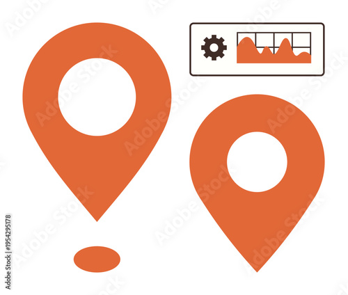 Mapping tools, geolocation technology, navigation systems, data analysis, business solutions, technical services. Two orange map pins with a data chart and gear symbol. Geolocation technology