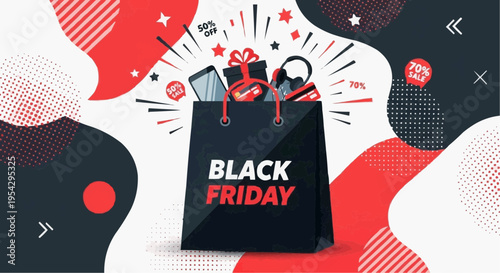 Black Friday Shopping Spree: A stylized illustration depicting a shopping bag overflowing with enticing items, accompanied by the bold text Black Friday.