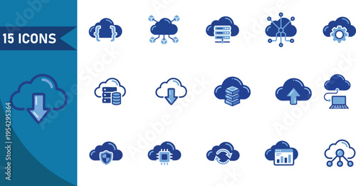 Set of fifteen modern cloud computing and data storage vector icons featuring blue gradient symbols for network infrastructure and digital technology interface
