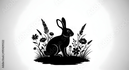 Black Rabbit Silhouette with Floral Elements – Artistic Nature Illustration