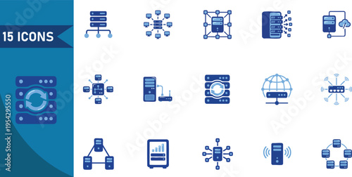 Set of 15 flat blue server and network infrastructure icons showing cloud computing data connectivity and digital communication systems for modern web interface