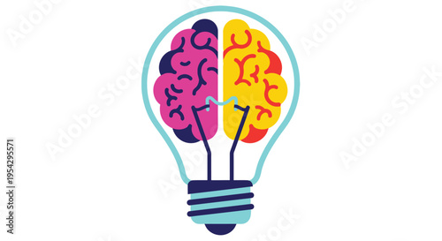 A lightbulb shaped like a human brain split into two colorful hemispheres