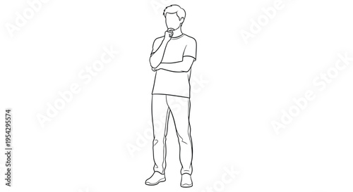 Simple line drawing of a man standing with his hand to his chin