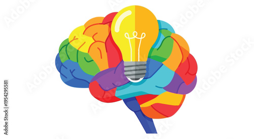 A colorful brain illustration featuring a glowing lightbulb inside high quality