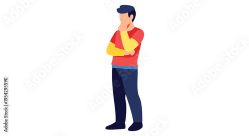 A thoughtful man in a yellow shirt and red jacket stands in deep contemplation