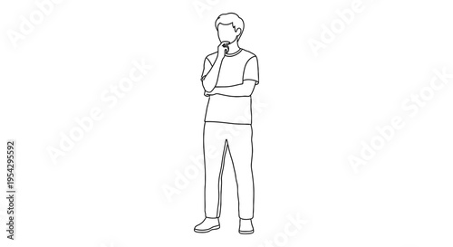 Simple line drawing of a man standing with his hand to his chin