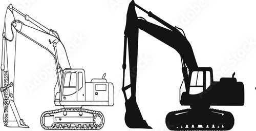 Heavy Hydraulic Excavator Vector Illustration Featuring Detailed Line Art and Solid Black Silhouette Icons for Construction Engineering Industrial Design Building Site and Machinery Equipment Graphics