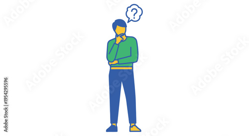 A thoughtful man in a green shirt ponders a question mark above his head