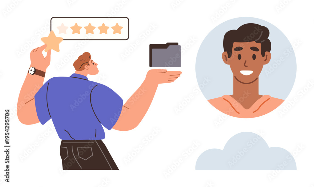 Fototapeta premium Customer experience, user profiles, feedback collection, evaluation, records management, online services. A person holding a folder and star, next to a profile icon. Customer experience and user
