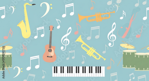 A colorful vector illustration of various musical instruments and notes on a blue background