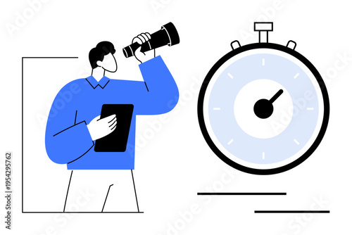 Time management, goal tracking, organization, planning, productivity, efficiency. Illustration of person with telescope and stopwatch. Time management and goal tracking concept