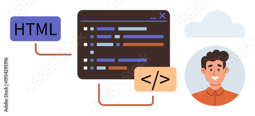 Web development, programming, coding skills, software design, career in tech, digital applications. A code editor screen with HTML and developer portrait. Web development and programming