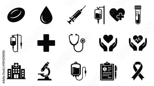 Collection of medical icons representing healthcare, research, and patient care, including blood cells, syringes, stethoscopes, and hospitals.