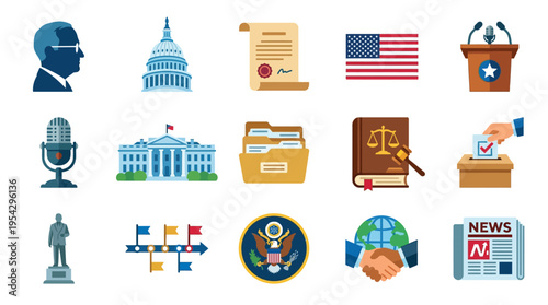 A collection of flat design icons representing various aspects of government, law, and politics, including buildings, symbols, and voting.