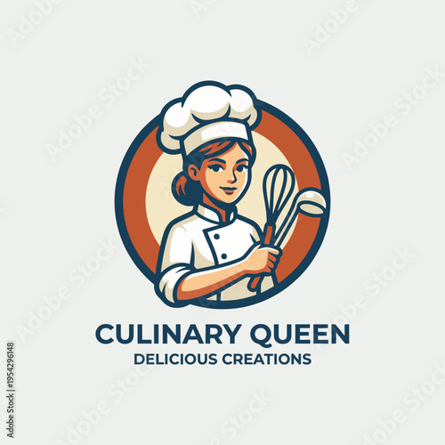 An appealing logo featuring a cheerful chef holding kitchen tools, perfect for culinary brands or food-related businesses, capturing creativity and passion in cooking.