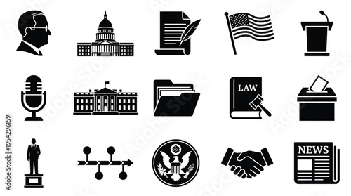 A collection of black and white icons representing government, law, and politics, including a president, capitol building, flag, and voting box.
