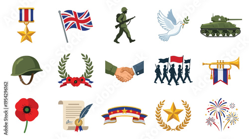 Collection of symbols representing military service, remembrance, and national pride, including medals, flags, soldiers, and celebratory elements.