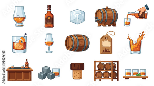 Collection of cartoon-style illustrations depicting various elements related to whiskey and its consumption, including glasses, bottles, barrels, ice, and serving trays.