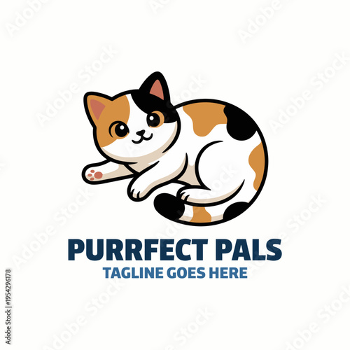 A cute and cheerful logo featuring a calico cat lying down, designed to attract pet lovers and animal enthusiasts for a feline-focused brand or service.
