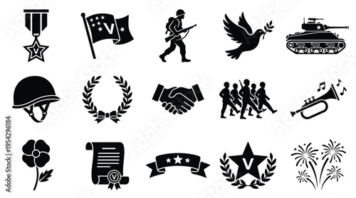 Collection of black and white icons representing military themes, peace, and remembrance, including medals, flags, soldiers, tanks, helmets, and poppies.
