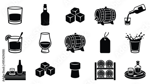 Collection of black and white icons representing various elements associated with alcoholic beverages, including glasses, bottles, barrels, ice cubes, and serving accessories.