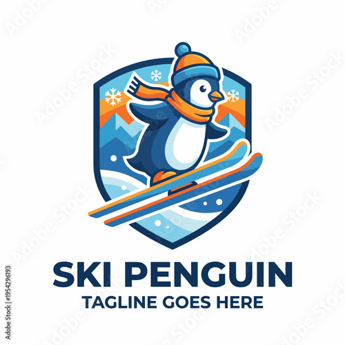 A playful logo showcasing a skiing penguin wearing a hat, perfectly capturing the spirit of winter sports and seasonal fun for businesses in outdoor or recreational activities.