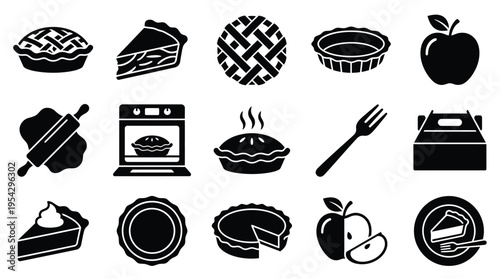 A collection of black and white icons representing various aspects of pie making and consumption, including ingredients, tools, and finished products.