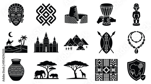 Collection of African cultural symbols, landmarks, and wildlife illustrations in black and white silhouette style.