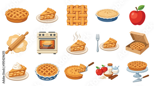 A delightful collection of apple pie illustrations, showcasing whole pies, slices, ingredients, and baking process elements.