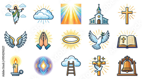 Collection of Christian religious symbols and icons, including Jesus, angels, clouds, light rays, churches, crosses, doves, and Bibles.
