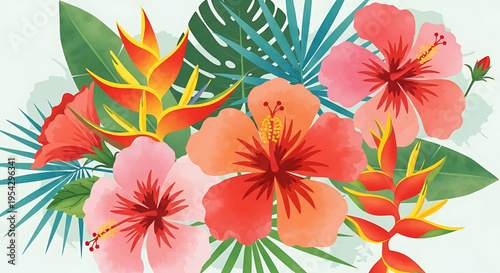 A vibrant floral arrangement featuring colorful hibiscus and bird of paradise flowers with lush green leaves, perfect for tropical designs and decorations.