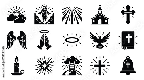Collection of Christian religious symbols and icons representing faith, spirituality, and divine presence.
