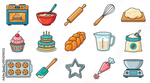 A vibrant collection of baking tools and delicious baked goods, perfect for illustrating culinary creativity and homemade treats.