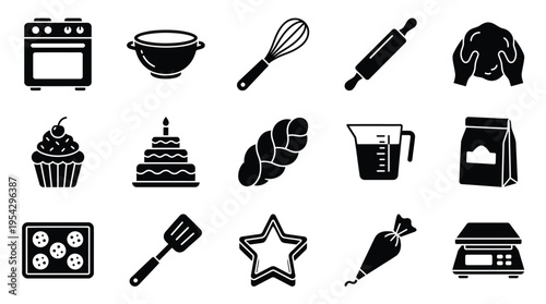A collection of black and white icons representing various baking and cooking tools and finished products, arranged in a grid.