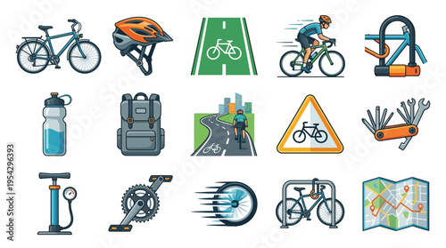 A vibrant collection of cycling-related icons and illustrations, showcasing equipment, safety gear, and road infrastructure for bicycle enthusiasts.