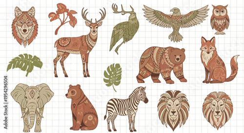Boho tribal animal spirit set, 9 animals (wolf, deer, owl, eagle, fox, bear, elephant, zebra, lion), earthy tones (terracotta, beige, olive, brown), ornamental tribal linework, soft aesthetic, clean v