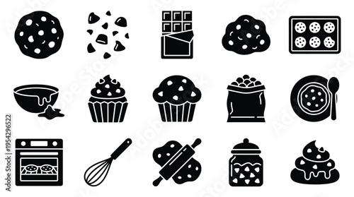A collection of black and white icons representing various baking ingredients, tools, and finished baked goods, perfect for culinary themes.