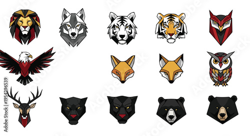 Geometric tribal animal spirits vector bundle, 9 animals (lion, wolf, tiger, eagle, owl, fox, deer, panther, bear), clean shapes, sharp angles, minimal color palette, strong negative space, modern log